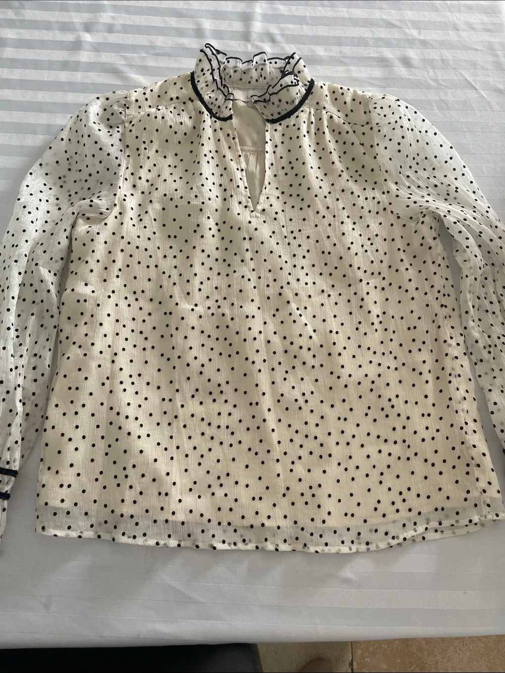 LOFT Ivory Ruffle Neck Black Polka Dot Blouse